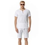 Summer New Men‘s Cotton Linen V-neck Beach Suit T-shirt Shorts Sets Sports Thin Slim Fit Soft Tracksuit Men Clothes