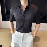 Top Quality Summer Ice Silk Half Sleeve Business Casual Shirts For Men Clothing 2023 Slim Fit Chemise Homme Prom Tuxedo 4XL-M