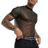 Sexy Men's Sequins T-shirt Top Round Neck Short Sleeve Sequin Transparent Mesh T Shirts Summer Male Club Party Tshirts Camiseta