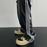 2023 New Men's Spring Autumn Loose Straight Casual Mopping Sense Wide-leg Sports Pants High Street Style Leather Pants