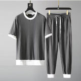 2023 Summer Fashion Trend Men Two-Piece Set Short Sleeved T-Shirt Long Pants Suit Korean Quick Drying Ice Silk Sportswear