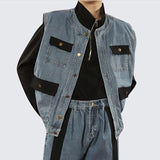 Contrast Color Denim Vest Jacket Wide Leg Straight Leg Pants Handsome High Street Suit Men's High-end Summer Streetwear