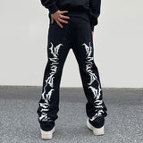 High Street Thorns Print Spliced Straight Black Men's Jeans Pants Retro Pockets Hip Hop Baggy Casual Oversized Denim Trousers