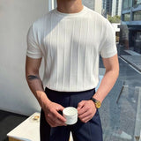 Ilooove Summer New Men Knited Short Sleeve T-shirts High Quality O-neck Tees Tops Pullovers Solid Stripe Slim Fit T-Shirts Male Clothing