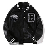 Spring Fall Stitching Leather Sleeve Bomber Jacket Letter Embroidered Black Baseball Uniform Men Women Couple Casual Streetwear