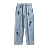 New Embroidered Jeans Men Straight Loose Wide-leg Pants Spring and Autumn Korean Fashion High Street Hip Hop Style Male Trousers