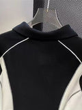 High Street Retro Shirt Unisex Summer Stitching Raglan T-shirt American Black White Fashion Lapel Short-sleeve Top