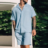 Spring Summe New Men Suit Solid Tracksuit Casual Short-sleeved Shirt And Shorts Two Piece Set For Men Outfit Loose Clothing