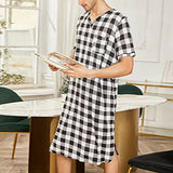 Loose Men's Pajamas Spring Medium Short Sleeve V-neck Plaid Printed Nightdress Cotton Nightgown Casual Pijamas for Men Sleepwear