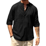 New Korean Mens Long Sleeve Tshirts Solid Color Loose Linen Shirts Cotton Blouses Men Clothing Collar Camisa Tops 5XL