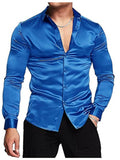 Men's luxurious shiny silk satin dress shirt Long sleeved casual slim muscle button-down shirt Plus size S-3XL