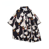 American Casual Suit Men Cartoon Animal Duck Goose Print Oversize Top Loose Shirt Shorts Two-piece Set Summer Streetwear Unisex