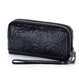 Fashion Floral Genuine Leather Women Clutch Purse Double Zipper Card Holder Wallets Female Wristlet Clutches Phone Purse Bag