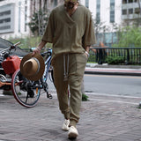 Vintage Knitted Two Piece Mens Set Fashion Loose Solid Short Sleeve V Neck Sweater Tops And Pants Men Suits Casual Knit Outfits