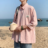 2023 Summer Pink Stripe Men's Shirts Half Sleeve Oversized Korean Clothing Casual Fashion Male Blouses Tops