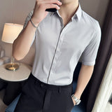 Top Quality Summer Ice Silk Half Sleeve Business Casual Shirts For Men Clothing 2023 Slim Fit Chemise Homme Prom Tuxedo 4XL-M