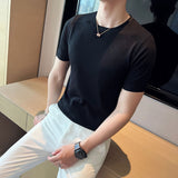 Summer Breathable Short Sleeve Knitted T Shirts For Men Clothing 2023 Round Collar Slim Fit Casual Elastic Tee Shirt Homme 3XL