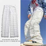 Ilooove White Hip Hop Jeans Striped Tassel Frayed Straight Baggy Jeans Pants Harajuku Male Female Solid Streetwear Casual Denim Trousers