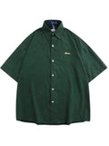 Dark Green Vintage Velvet Shirt Cityboy Simple Street Designer Short-sleeved Shirt Men's Summer Retro All-match Button Up Blouse