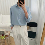 2023 Spring New Shirt Men Blue Simple Silk Shirt Long Sleeve Solid Color Loose Casual Fashion Designer Men Dress Shirt Blouses