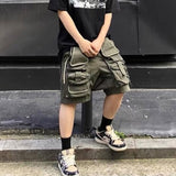 High Street Vibe Style Multi-pockets Cargo Shorts for Men Retro Drawstring Loose Hip Hop Casual Summer Knee Length Pants