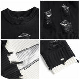 High Street Black White Two Sided Round Neck Knit Sweater Men's Autumn and Winter Hip Hop Oversized Perforated Ripped Knitwears