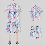 2 Piece Sets Men Beach Fashion M-3XL Baggy Handsome Print Shirts Shorts Hawaiian Holiday Unisex Thin Summer Vintage Clothing Ins