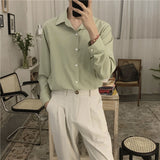 2023 Spring New Shirt Men Blue Simple Silk Shirt Long Sleeve Solid Color Loose Casual Fashion Designer Men Dress Shirt Blouses