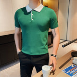 Black/Green Summer Turn Down Collar Breathable Short Sleeve Polo Shirt For Men Clothing 2023 Business Slim Fit Knit Tees Homme