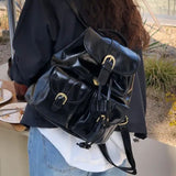 Black Leather Womens Backpack Vintage Stylish Casual Backpack Large Capacity College Style Aesthetic Motorcycle Female Bag