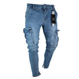 Jeans Men Pants Wash Solid Color Multi Pockets Denim Mid Waist Cargo Jeans Plus Size Fahsion Casual Trousers Male Daily Wear