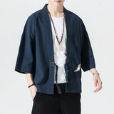 2023 Summer Men's Cotton Blends Linen Open Front Cardigan Embroidery Kimono Jackets