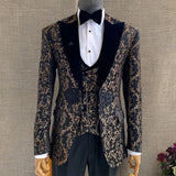 Navy Blue Floral Jacquard Prom Men Suits for Wedding Slim Fit Groom Tuxedo African Male Fashion Costume Jacket Pants 2023