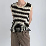 Korean Clothes Sleeveless Knitted Sweater Vest Male Striped Hollow Summer Loose Casual Harajuku Niche Design Pullover Men's Vest