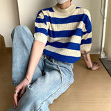 Knitting Striped Tops Male T-shirts Men Mock Neck Contrasting Casual Short Sleeve Pullover Versatile Sweater Tees Y2k Streetwear