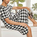 Loose Men's Pajamas Spring Medium Short Sleeve V-neck Plaid Printed Nightdress Cotton Nightgown Casual Pijamas for Men Sleepwear