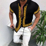 Nation Style Summer Man Shirt  Ethnic Printed Stand Collar Stripe Short Sleeve Loose Hawaiian Henley Casual Shirt C17