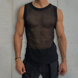 2023 Fashion Hollow Knitted Vest Summer Men's T Shirt Solid Casual O-Neck Pullover Sexy 2yk Tight Unisex Sleeveless Top for Man