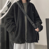 Men's Winter Lamb Wool Warm Oversized Streetwear Harajuku Zipper Outerwear Coat Fashion Casual Solid Youth Jackets Clothing