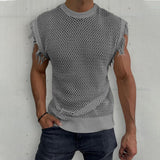 Hollow Knit Vest Top Streetwear Men Summer Sleeveless T Shirt O Neck Pullover Tee for Man Casual Tassel Solid Tank Top Sweater