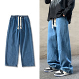High Street Jeans Men's Loose Slim Fitting Straight Pants Wide Leg Fashion Drawstring Male Baggy Harajuku Large Size Trousers