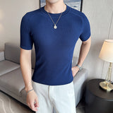 Summer Ice Silk Short Sleeve Knitted T-Shirts For Men Clothing 2023 Business Casual Slim Fit Elastic Tops&Tees Homme Black/White