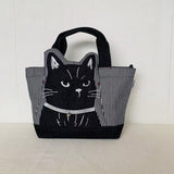 Women Creative Embroidered Three-dimensional Black Cat Handbag Carrying A Rice Box Bag Shopping Bag Cloth Bag Commuting Bag