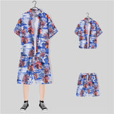 2 Piece Sets Men Beach Fashion M-3XL Baggy Handsome Print Shirts Shorts Hawaiian Holiday Unisex Thin Summer Vintage Clothing Ins