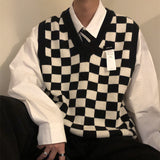 New Autumn Arctic Velvet Checkerboard Pattern Men's Sweater Vest Retro V-neck Sleeveless Knit Vest Woolen Korean Clothes