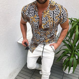 Nation Style Summer Man Shirt Mens Ethnic Printed Stand Collar Stripe Short Sleeve Loose Hawaiian Henley Casual Shirt