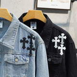 Ins 2023 Spring Autumn New Men's Explosive Cross-Stitch Denim Jacket Pocket Button Men's Tide Brand Loose Jeans Coat Top Fashion