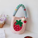 Cute Canvas Bucket Bag for Women 2023 Girls Summer Embroidery Strawberry Handbag Lady Fashion Letter Top Handle Bag with Pendant