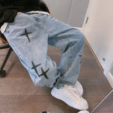 Y2k Streetwear Pants Men Jeans High Street Baggy New In Pants Crosses Pattern Loose Straight Male Fashion Wide Leg Trousers New