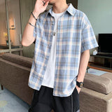 Half Sleeve Man Tops Red Plaid Shirts and Blouses for Men Silk S Cotton Cheap Brand Hipster Korean Style Designer Asia Clothing